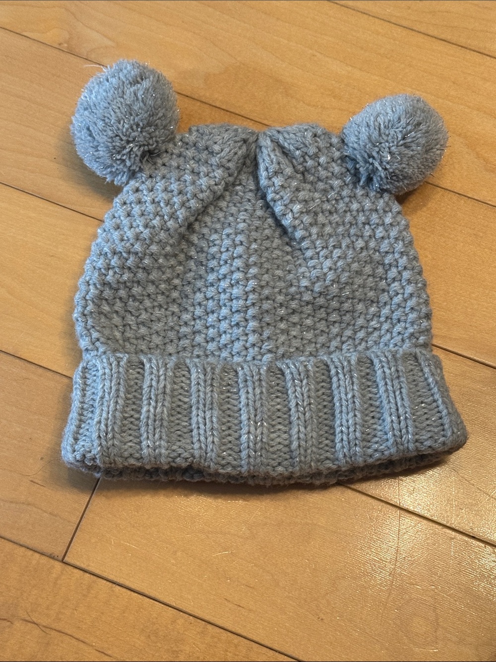 Kids Pom-Pom Knit Beanie Hat in Light Grey with Silver Strands